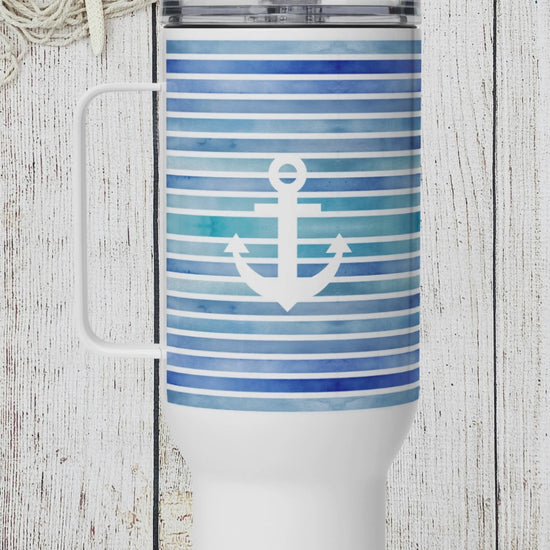 360 video of the Coastal 40 oz tumbler with navy stripes and white anchor design, the best coastal travel coffee mug.
