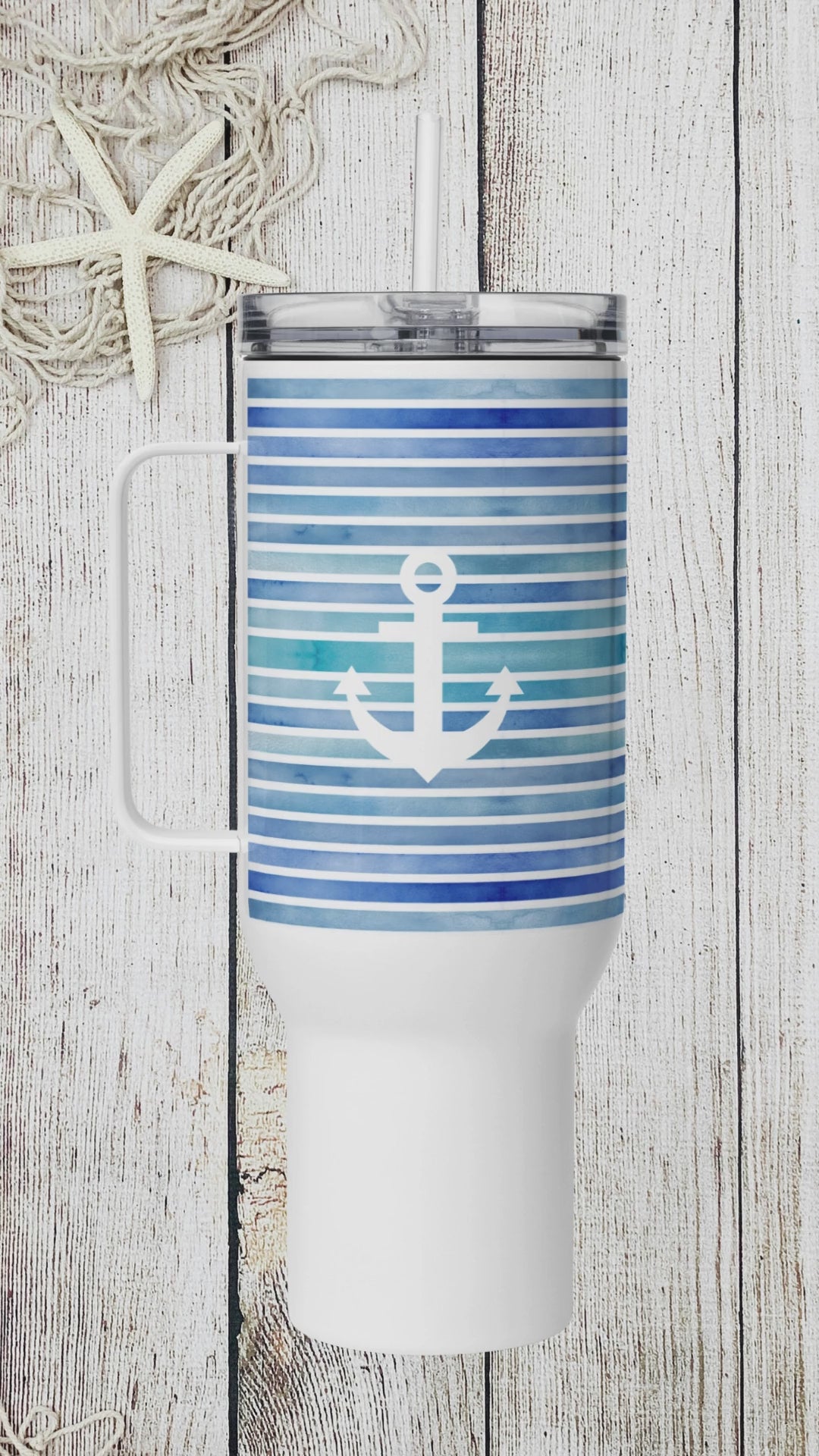 360 video of the Coastal 40 oz tumbler with navy stripes and white anchor design, the best coastal travel coffee mug.
