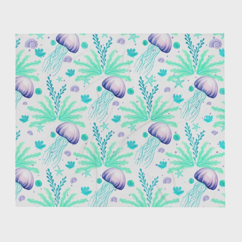 Video of Jelly Drift Aqua & Lavender Throw Blanket — beach throw blanket with aqua and lavender jellyfish design