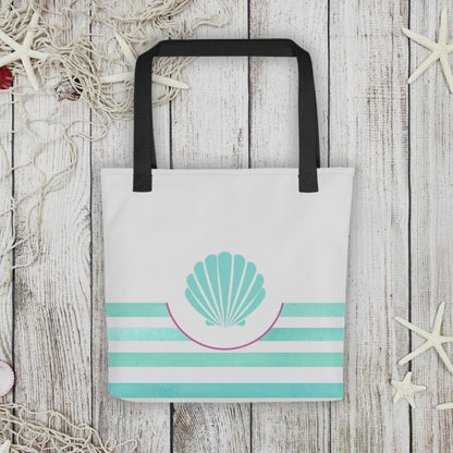 360 video showing front and back of seashell tote featuring turquoise shell artwork with pastel stripe accents.
