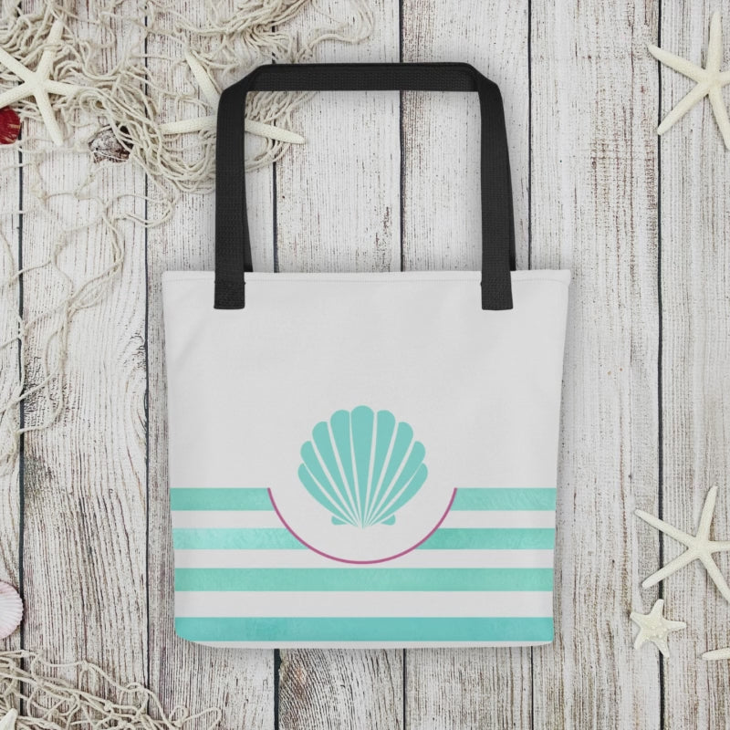 360 video showing front and back of seashell tote featuring turquoise shell artwork with pastel stripe accents.

