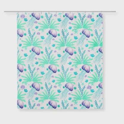 360 view of shower curtain — Cute shower curtain with jellyfish design shown from all angles.