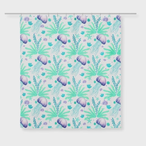 360 view of shower curtain — Cute shower curtain with jellyfish design shown from all angles.