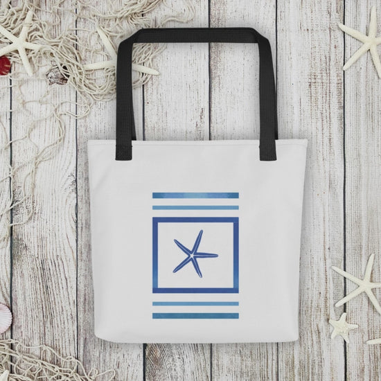 360 video showing front and back of navy blue tote handbags featuring a framed starfish motif with modern stripe details.
