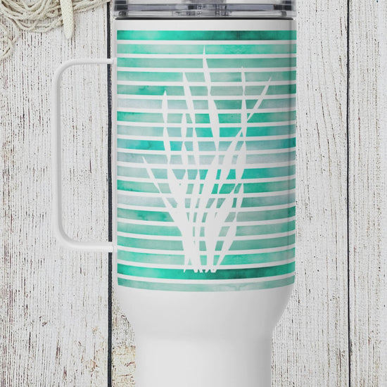 360 video of a Coastal 40 oz tumbler with turquoise sea kelp fronds, the best coastal travel mug for everyday hydration.
