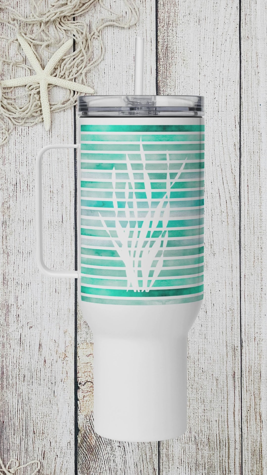 360 video of a Coastal 40 oz tumbler with turquoise sea kelp fronds, the best coastal travel mug for everyday hydration.
