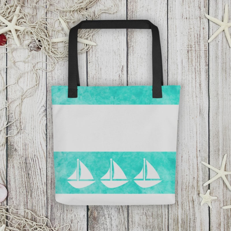 360 video showing front and back of teal tote bag with sailboats
