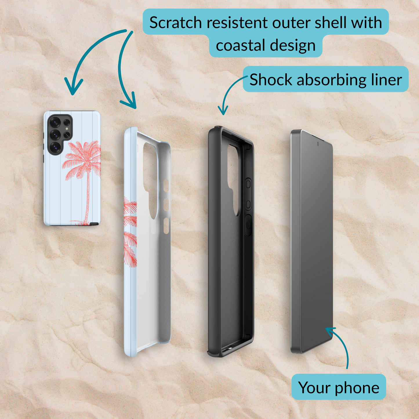 Exploded view of the coastal Samsung case layers, showing the scratch-resistant outer shell with palm design, shock-absorbing liner, and space for your phone.
