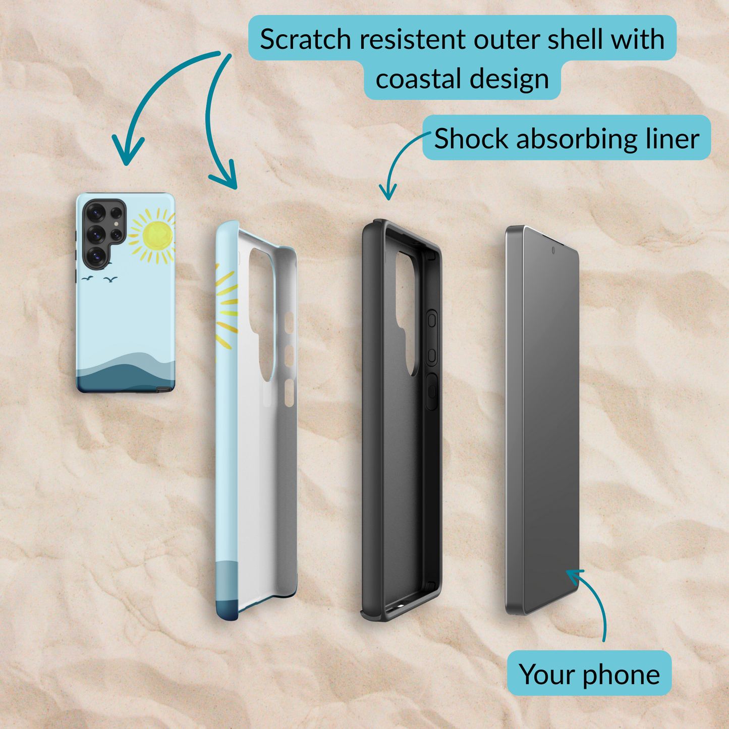 Exploded view of the coastal Samsung case layers, featuring a scratch-resistant outer shell with Sea & Sky design, a shock-absorbing liner, and space for your phone.