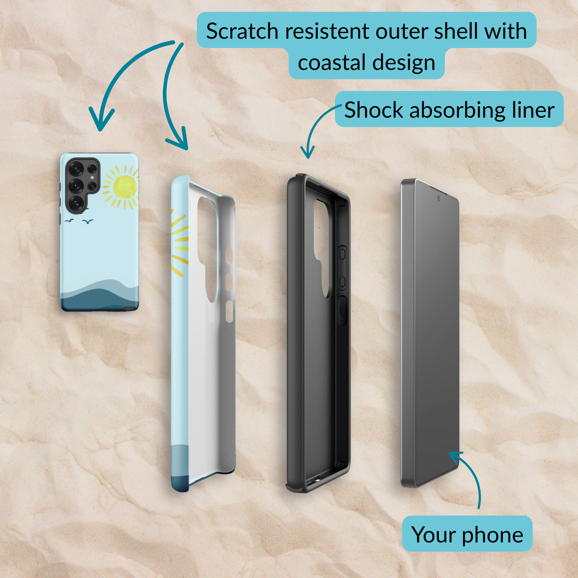 Exploded view of the coastal Samsung case layers, featuring a scratch-resistant outer shell with Sea & Sky design, a shock-absorbing liner, and space for your phone.