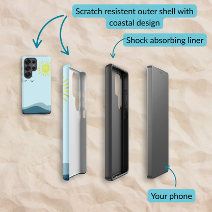 Exploded view of the coastal Samsung case layers, featuring a scratch-resistant outer shell with Sea & Sky design, a shock-absorbing liner, and space for your phone.