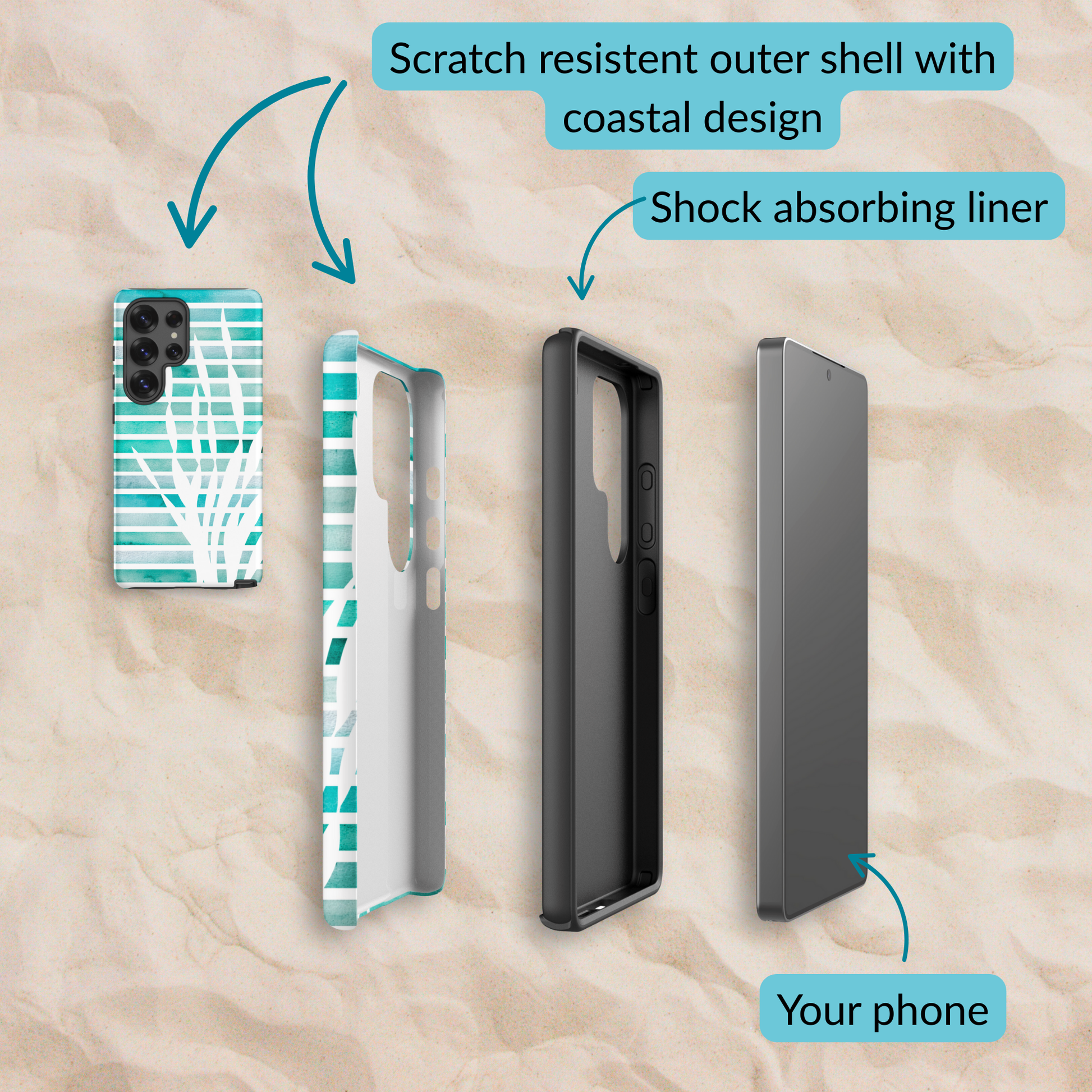 Exploded view of the coastal Samsung case layers, featuring a scratch-resistant outer shell with Sea Kelp coastal design, a shock-absorbing liner, and space for your phone.