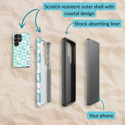 Exploded view of the coastal Samsung case layers, showing the scratch-resistant outer shell with Sea Mosaic design, shock-absorbing liner, and space for your phone.