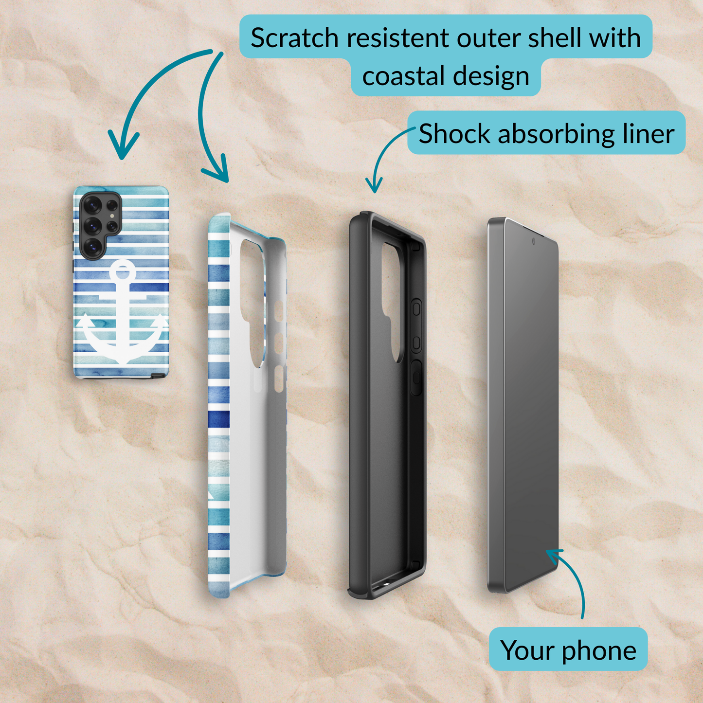 Exploded view of the coastal Samsung case layers, showing the scratch-resistant outer shell with Starboard anchor design, shock-absorbing liner, and space for your phone.