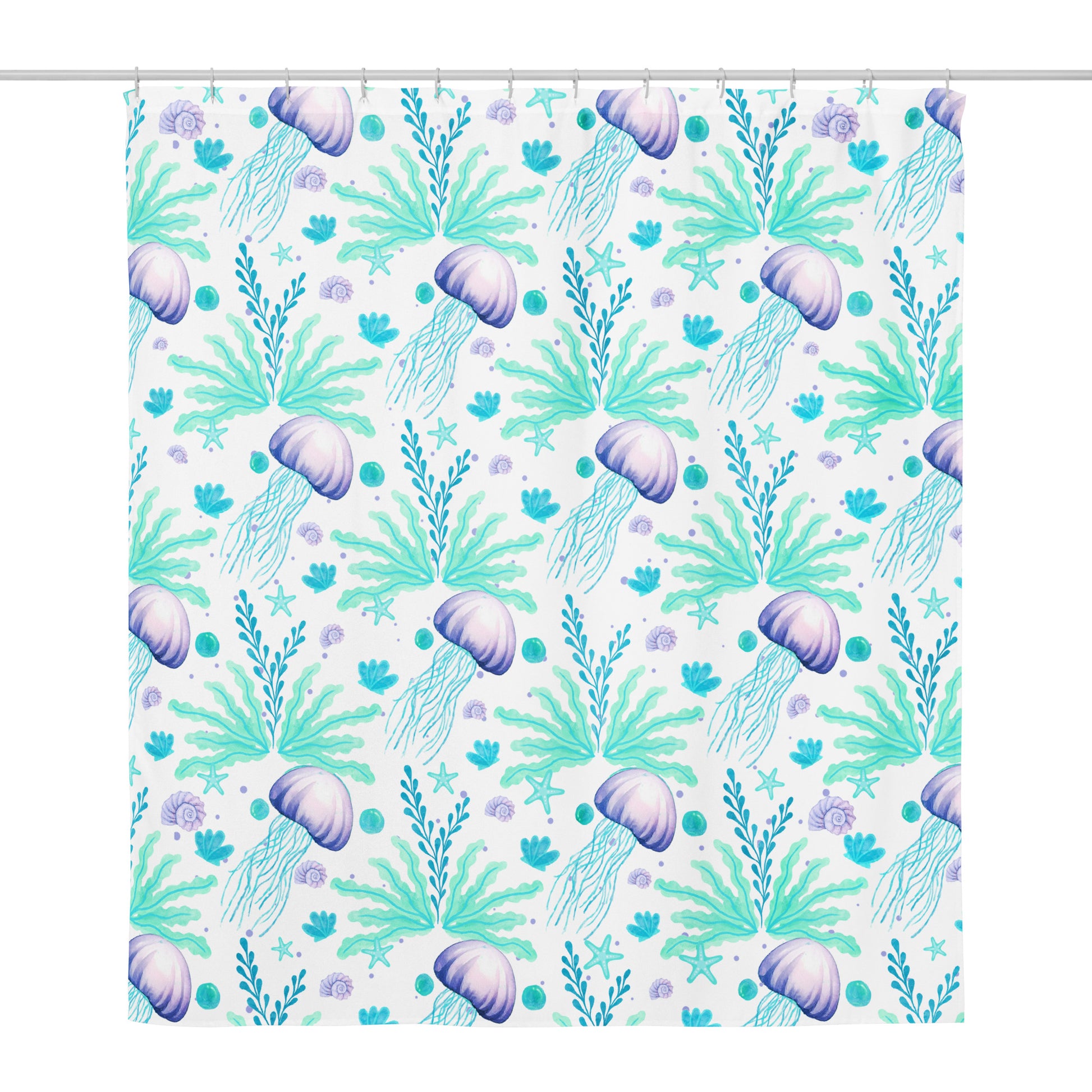 Shower curtain with jellyfish on rod — Coastal shower curtain in aqua and lavender on a white background.


