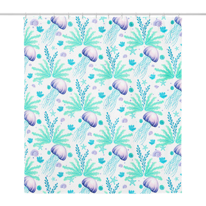 Shower curtain with jellyfish on rod — Coastal shower curtain in aqua and lavender on a white background.


