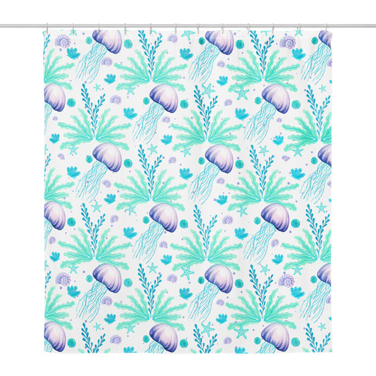 Shower curtain with jellyfish on rod — Coastal shower curtain in aqua and lavender on a white background.


