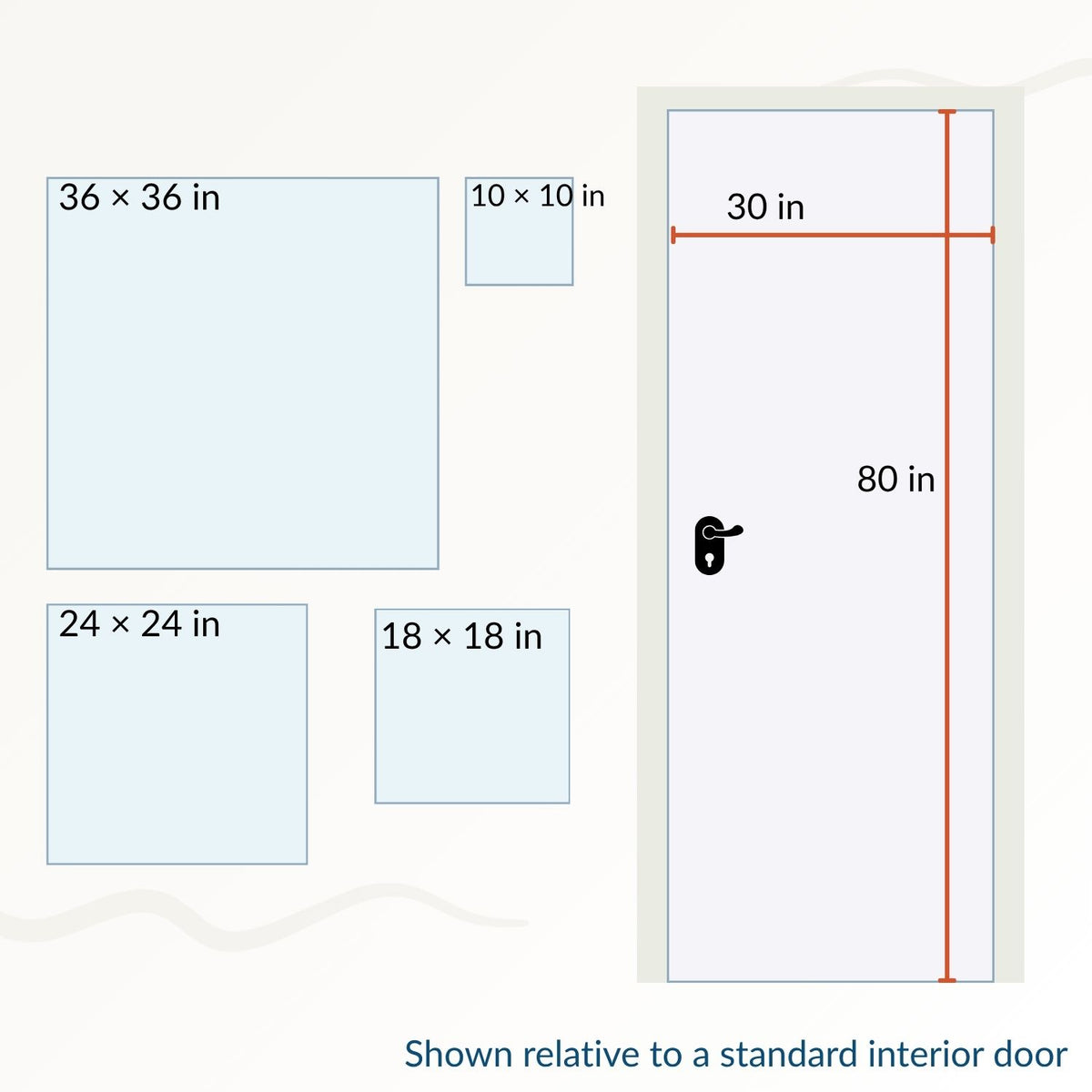 Size comparison chart for beach wall art canvas prints — 10x20, 16x32, 20x40, 24x48, and 30x60 inch options shown next to a standard 30x80 inch interior door for scale.