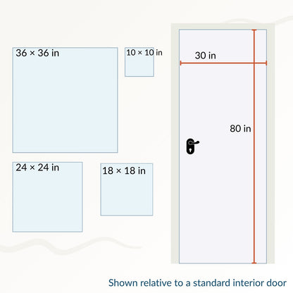 Size comparison chart for beach wall art canvas prints — 10x20, 16x32, 20x40, 24x48, and 30x60 inch options shown next to a standard 30x80 inch interior door for scale.