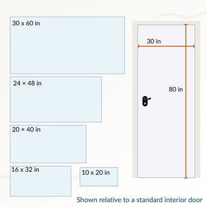 Size comparison chart for beach wall art canvas prints — 10x10, 18x18, 24x24, and 36x36 inch square options shown next to a standard 30x80 inch interior door for scale.