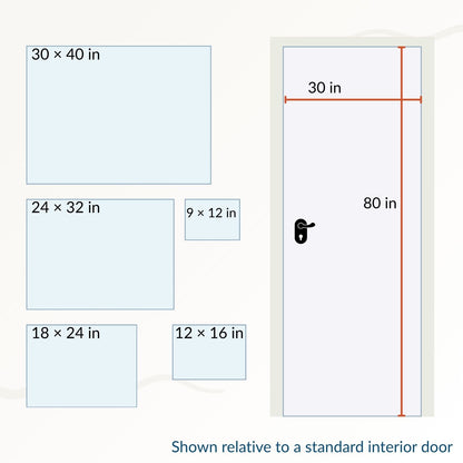 art piece sizes relative to a standard interior door: 30x40 inches, 24x32 inches, 9x12 inches, 18x24 inches, 12x16 inches