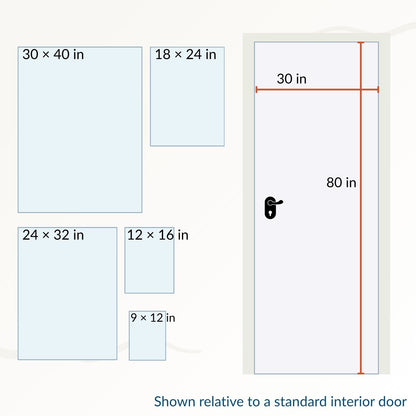 Beach wall art size guide showing 9 × 12, 12 × 16, 18 × 24, 24 × 32, and 30 × 40 inch vertical art beside a standard 30 × 80 inch interior door.
