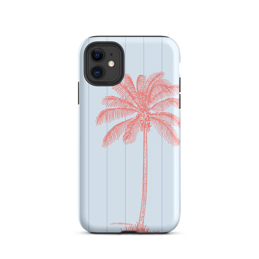 coastal phone case with coral palm design on soft sky blue
