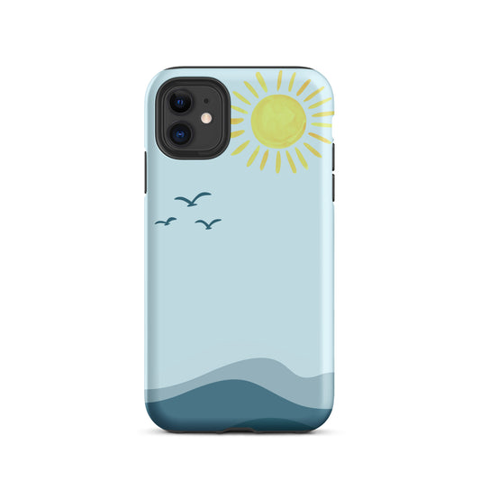 coastal phone case with layered ocean waves and watercolor sun
