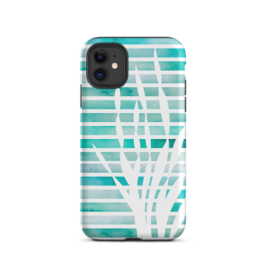 coastal phone case with white kelp on turquoise watercolor stripes
