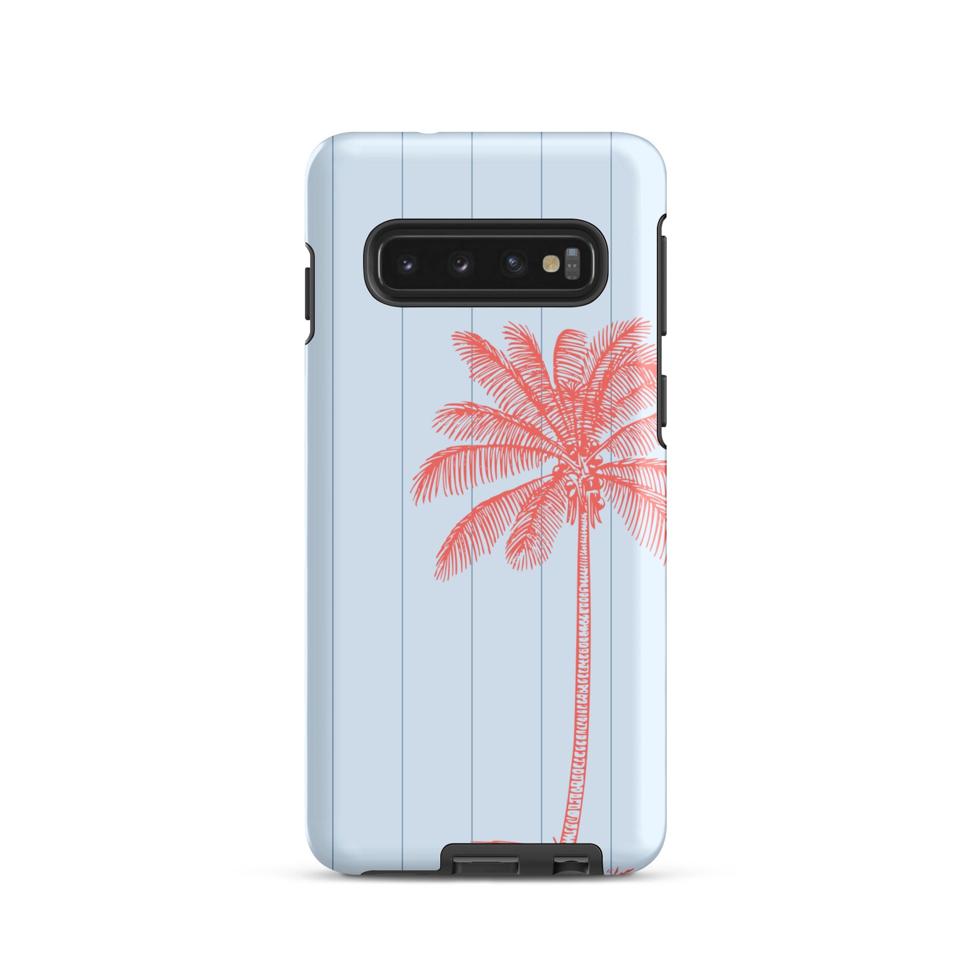 coastal phone case with coral palm design on soft sky blue
