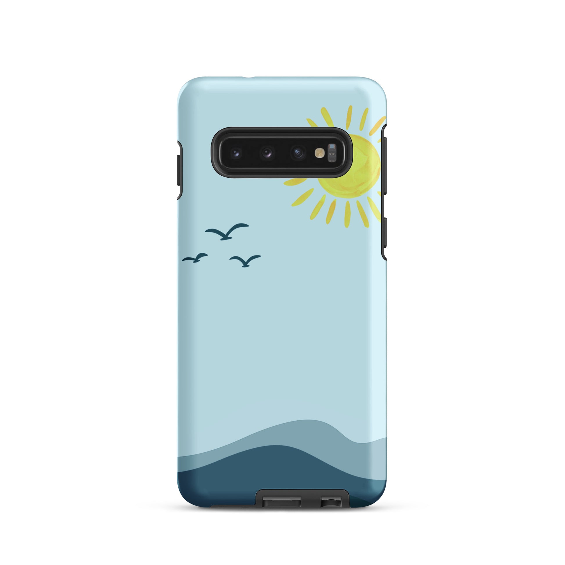 beach phone case with layered ocean waves and watercolor sun
