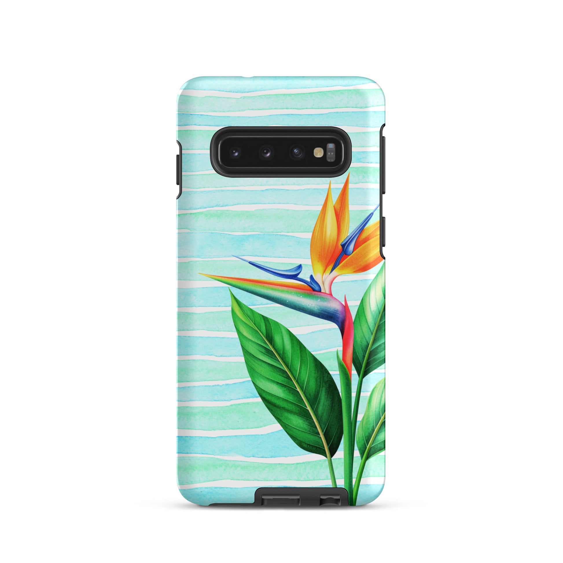 coastal samsung case with tropical bird of paradise on aqua stripe