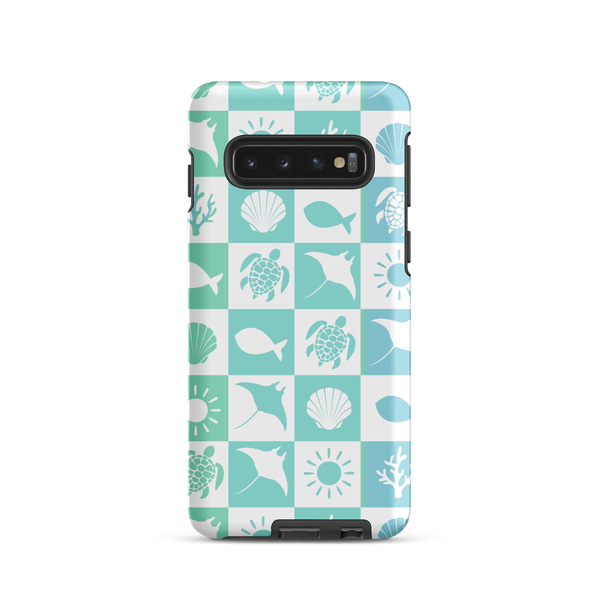 beach phone case with sea icons in soft aqua and blue
