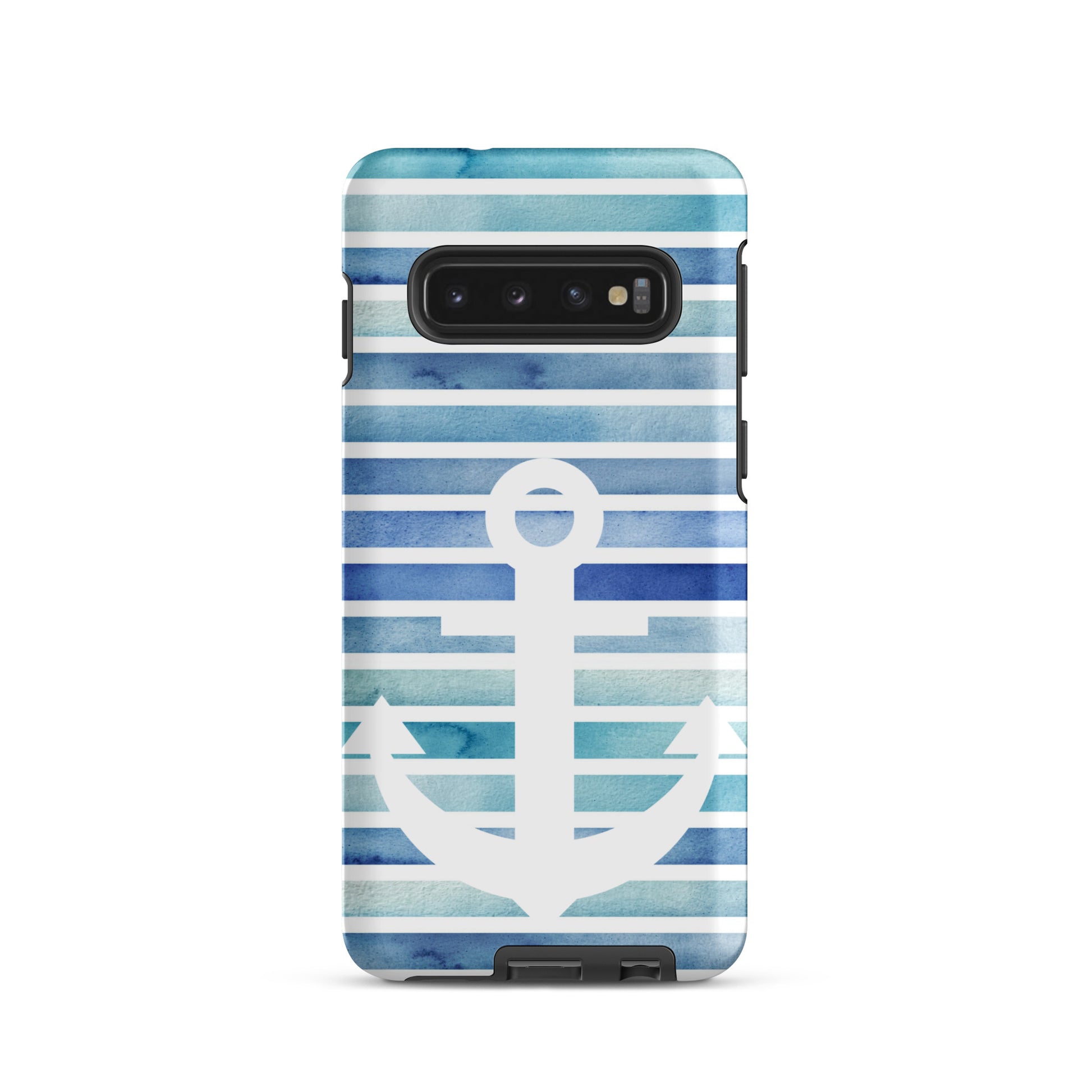 beach phone case with white anchor on blue watercolor stripes
