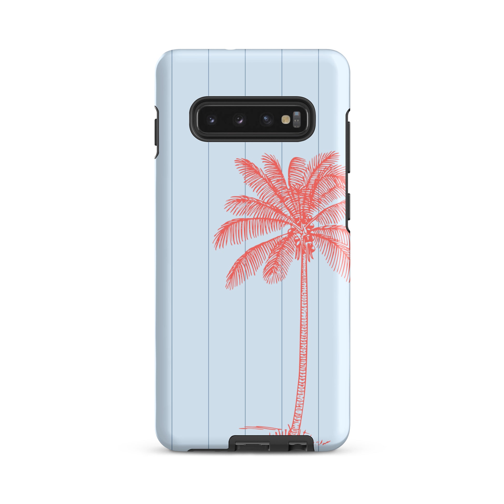 coastal samsung case with coral palm design on soft sky blue, text reads Impact resistant, extra durability