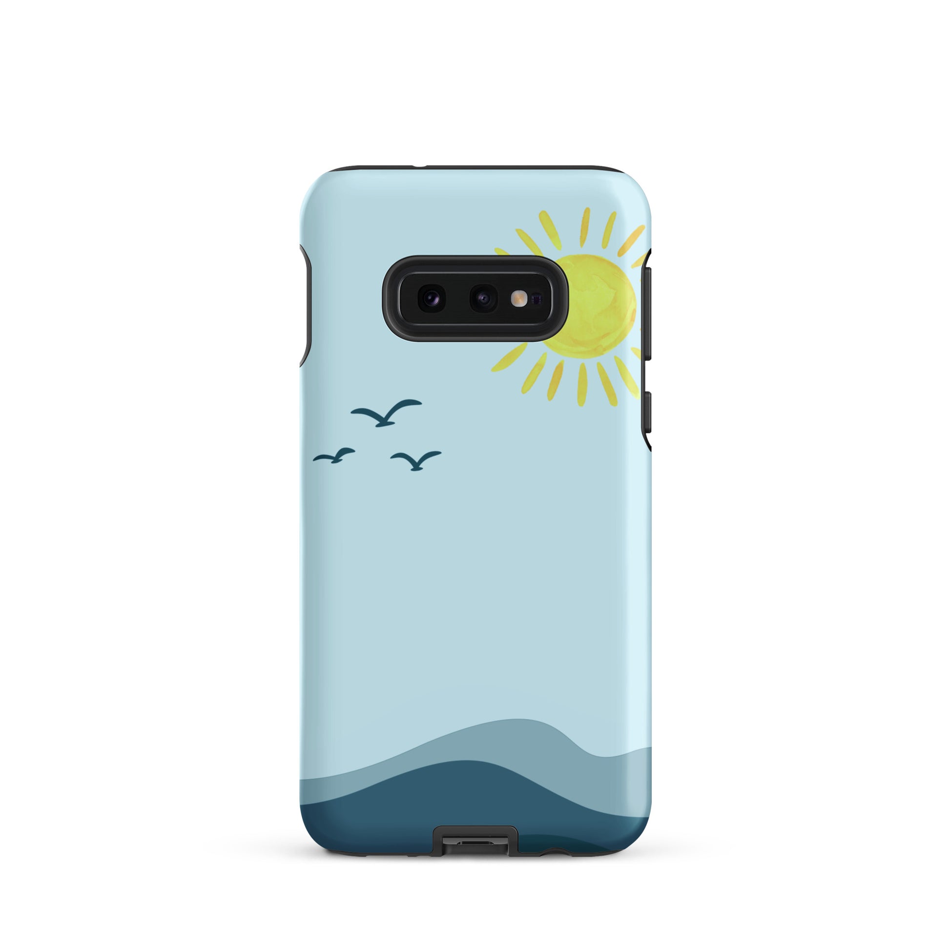 coastal samsung case with layered ocean waves and watercolor sun