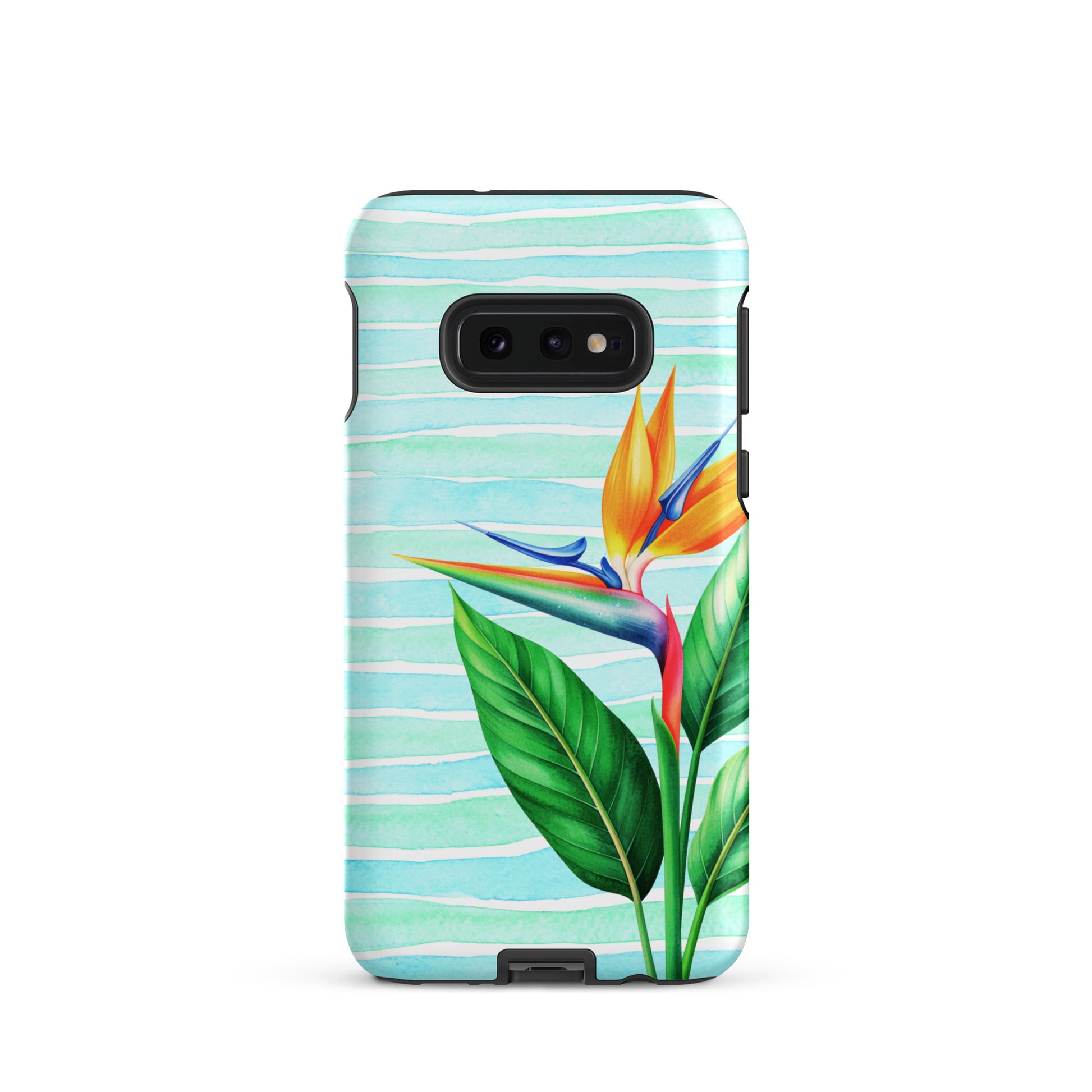 beach phone case with tropical bird of paradise on aqua stripes
