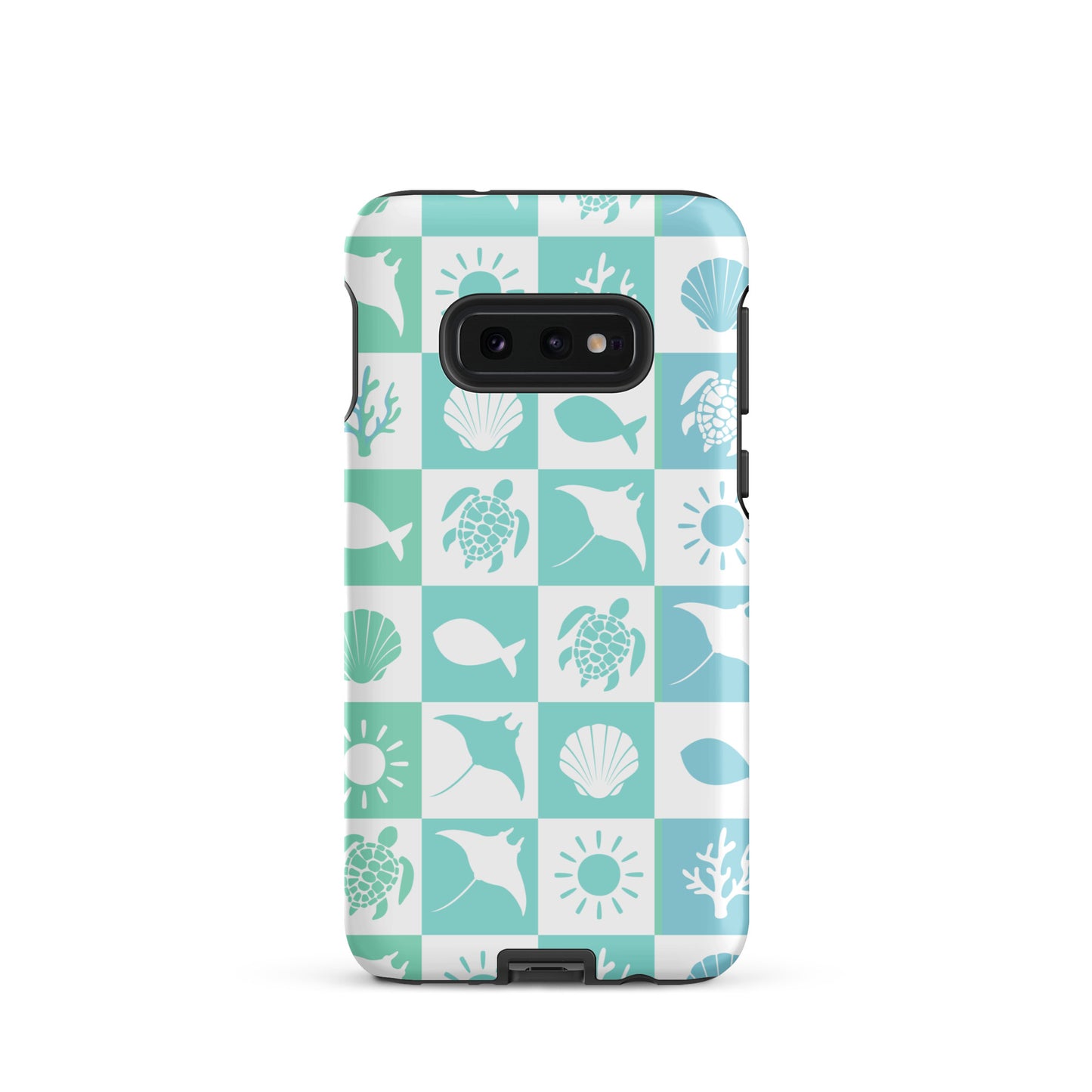 coastal samsung case with sea icons in soft aqua and blue