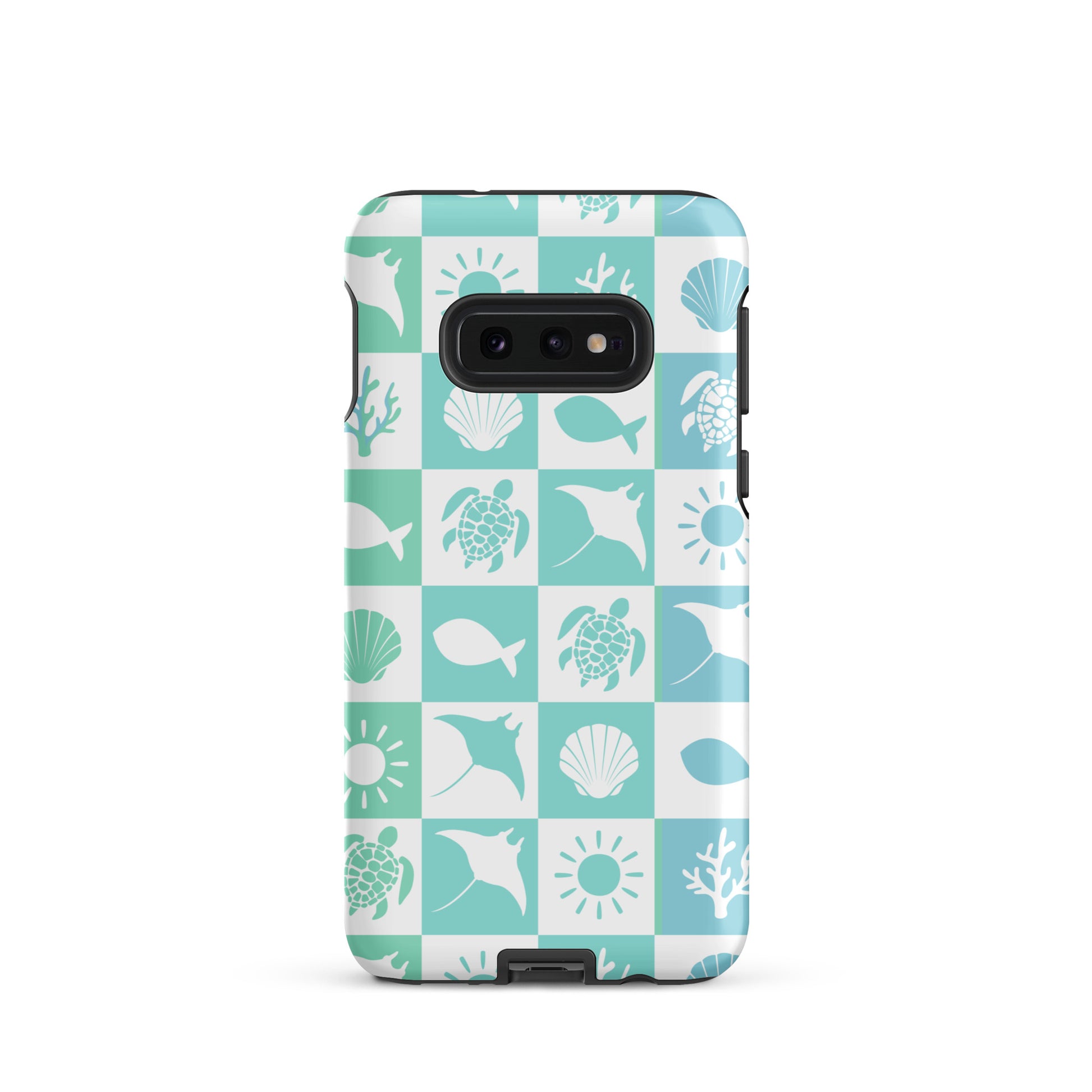 coastal samsung case with sea icons in soft aqua and blue