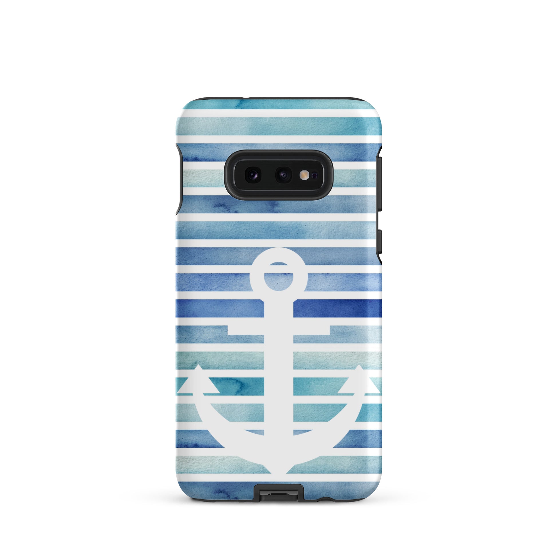 coastal samsung case with white anchor on blue watercolor stripes,