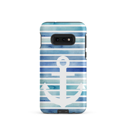 coastal samsung case with white anchor on blue watercolor stripes,