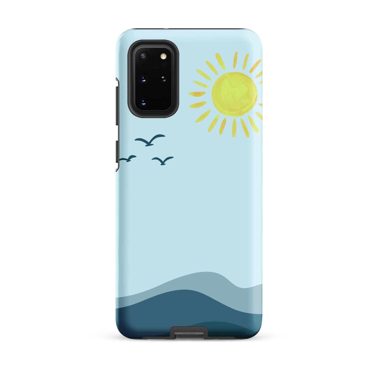 coastal phone case with layered ocean waves and watercolor sun