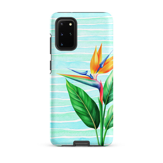 coastal phone case with tropical bird of paradise on aqua stripes
