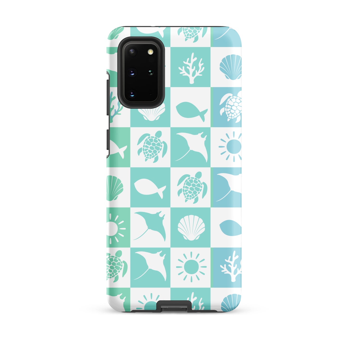 coastal phone case with sea icons in soft aqua and blue