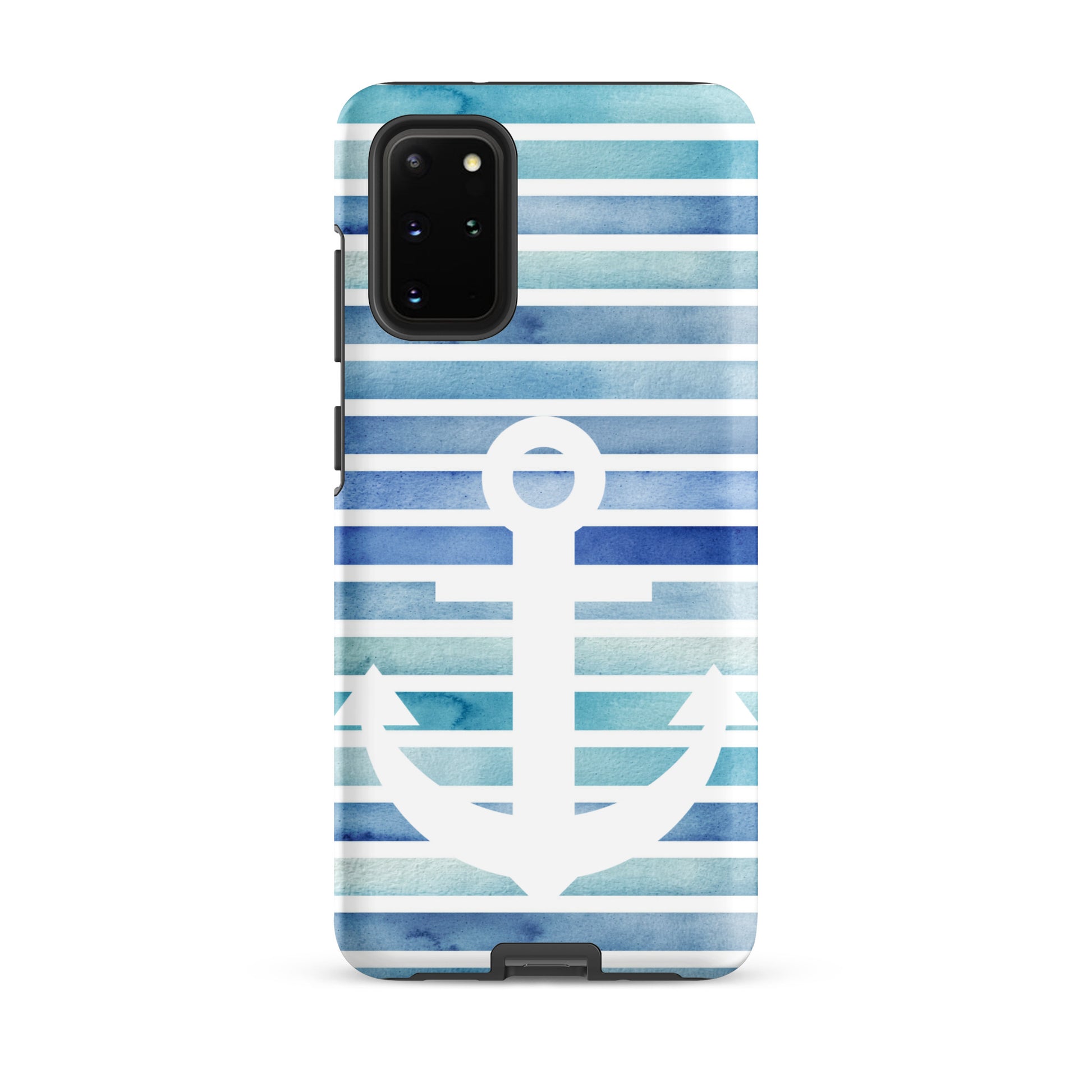 coastal phone case with white anchor on blue watercolor stripes
