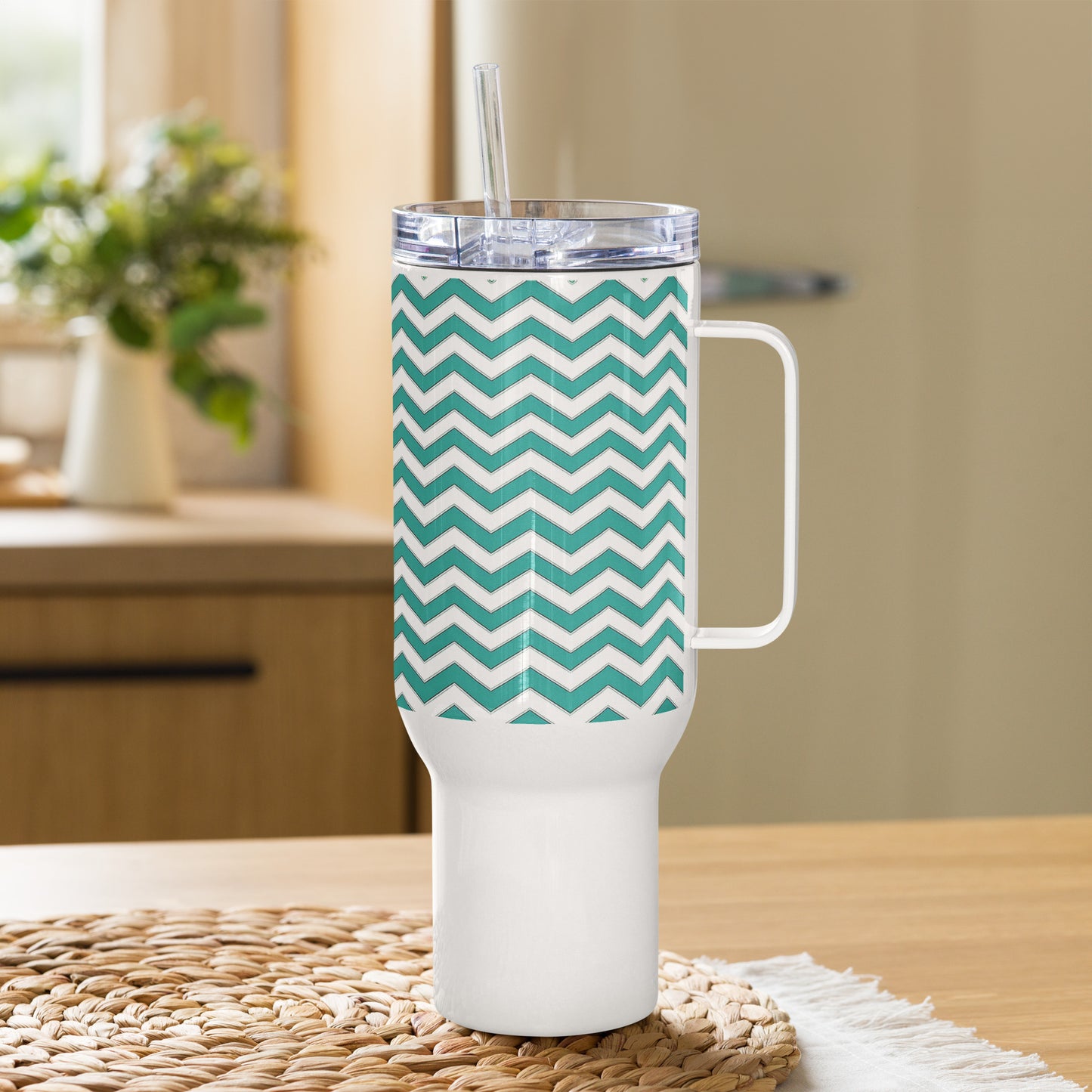 Teal Chevron Tumbler, Premium Beach Buddy Travel Cup, Insulated Tumbler with Handle, 40 oz., Extra Large