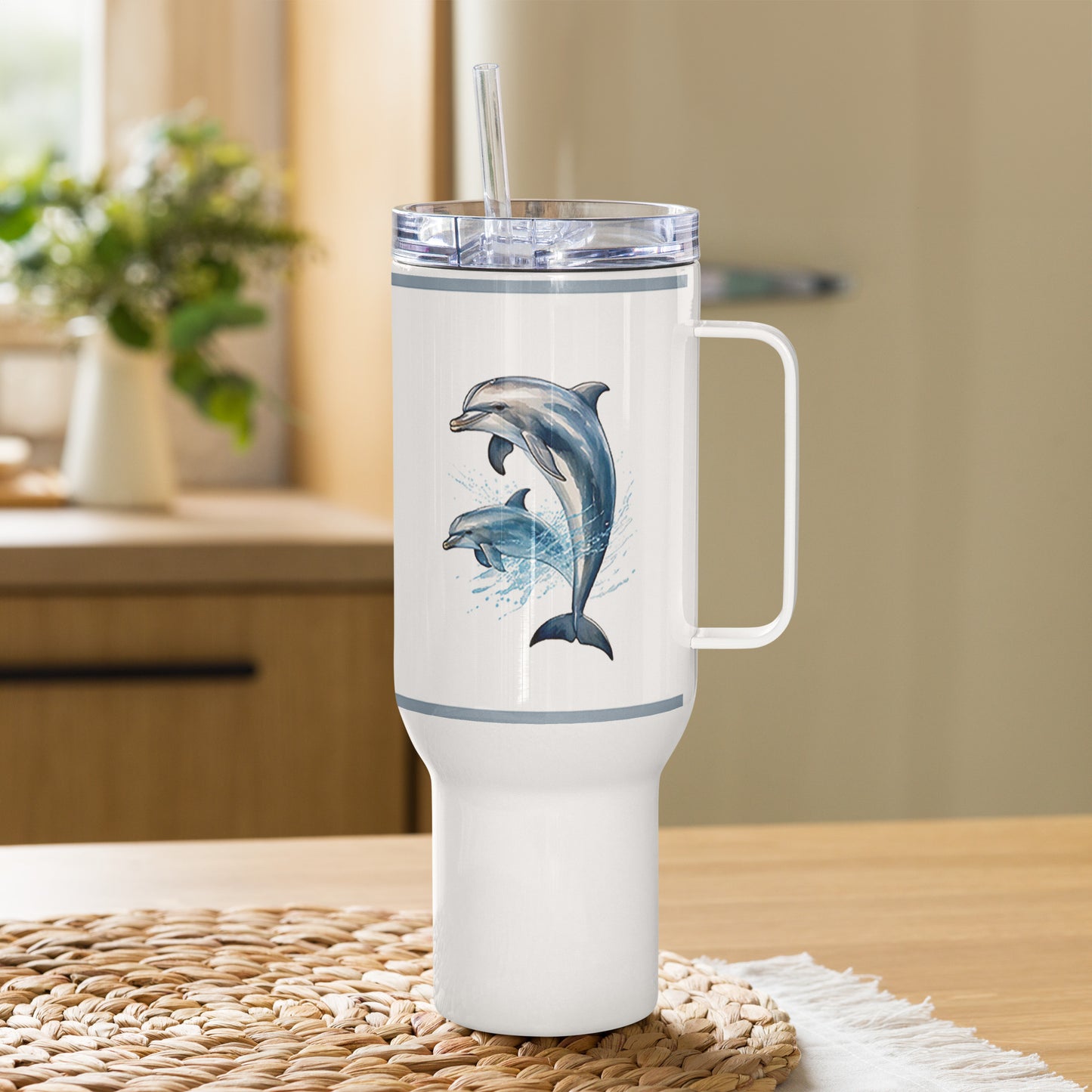 Dolphins Tumbler, Premium Beach Buddy Travel Cup, Insulated Tumbler with Handle, 40 oz., Extra Large