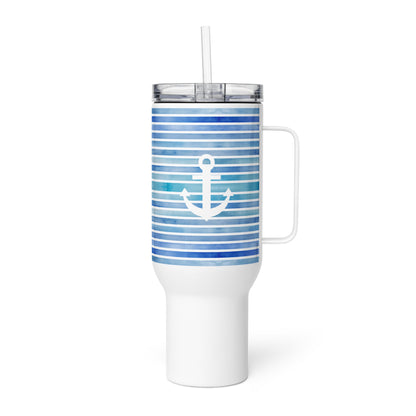 Coastal 40 oz tumbler with bold navy stripes and anchor, the best coastal coffee tumbler and travel mug for beach lovers.