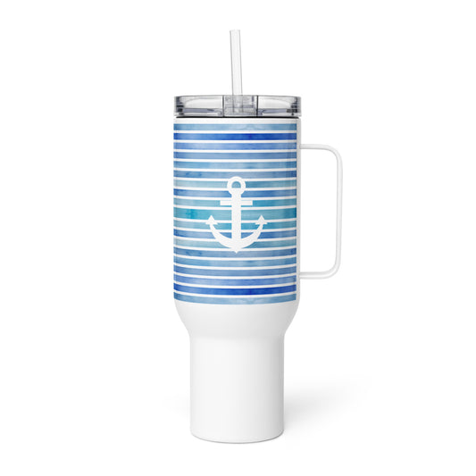 Coastal 40 oz tumbler with bold navy stripes and anchor, the best coastal coffee tumbler and travel mug for beach lovers.