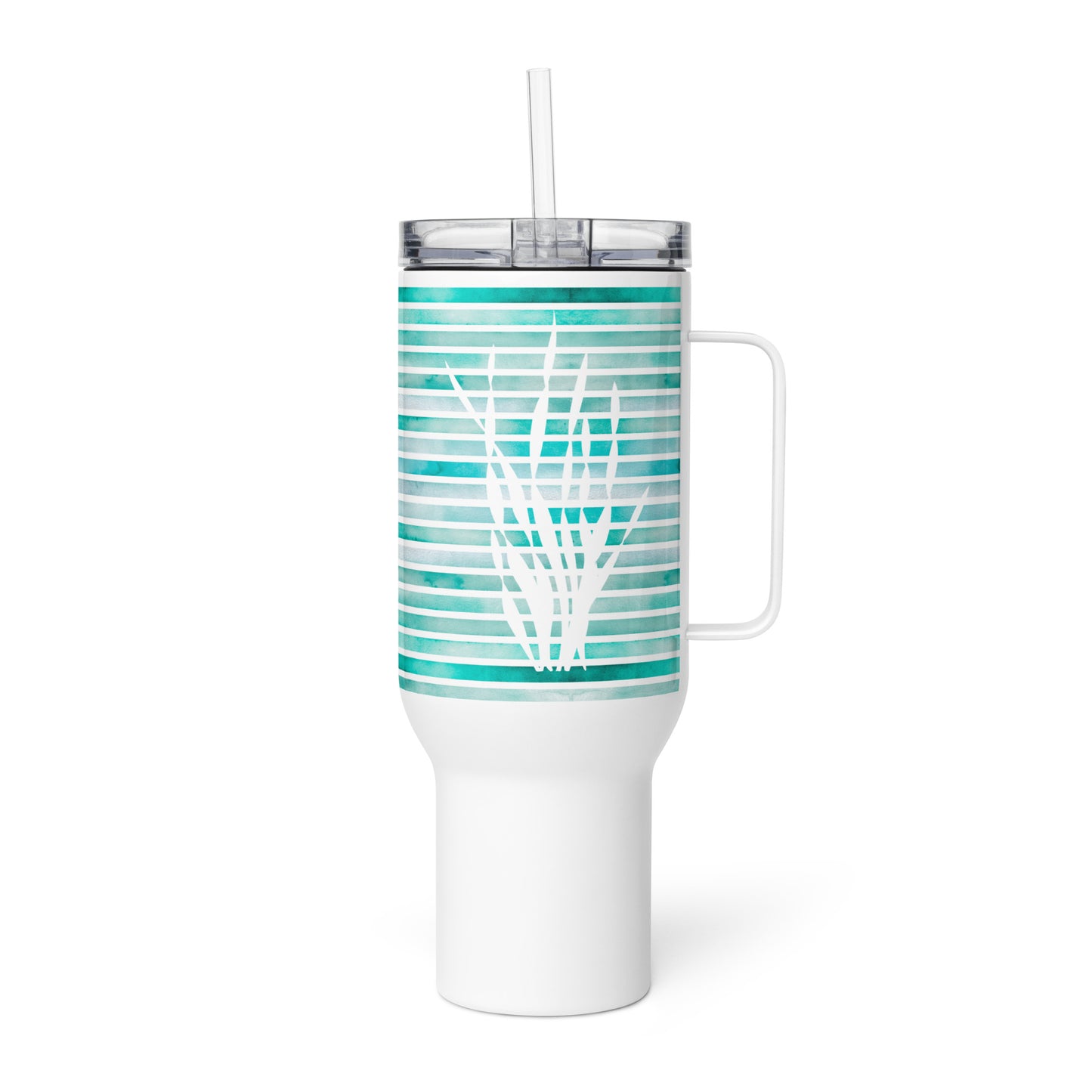 Coastal 40 oz tumbler with turquoise kelp fronds, the best coastal coffee mug and travel mug for ocean lovers.
